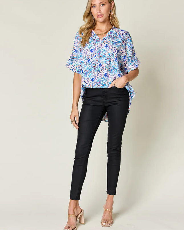 Double Take Full Size Printed V-Neck Short Sleeve Blouse