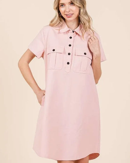 Mittoshop Button Detail Collared Neck Short Sleeve Shirt Dress