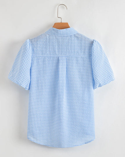 Gingham Print Puff Sleeve Button-Up Shirt
