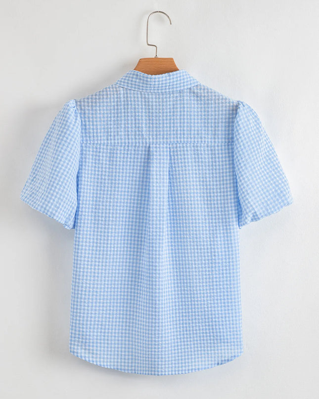 Gingham Print Puff Sleeve Button-Up Shirt