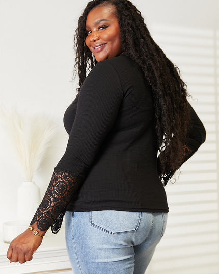 Double Take Crochet Lace Hem Sleeve Button Top