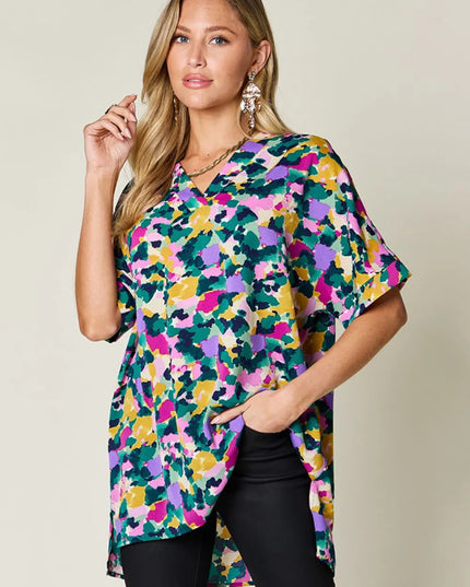 Double Take Full Size Printed V-Neck Short Sleeve Side Slit Top Green
