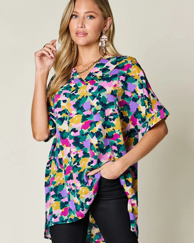 Double Take Full Size Printed V-Neck Short Sleeve Side Slit Top Green