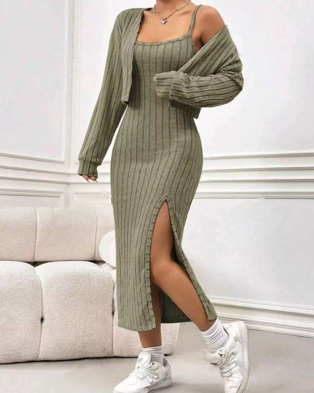 Ribbed Knit Cami Dress & Cardigan Set