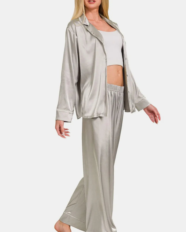 Zenana Satin Long Sleeve Shirt and Pants Pajama Set