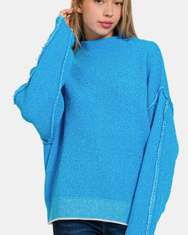 Zenana Exposed Seam Mock Neck Long Sleeve Sweater Deep Sky