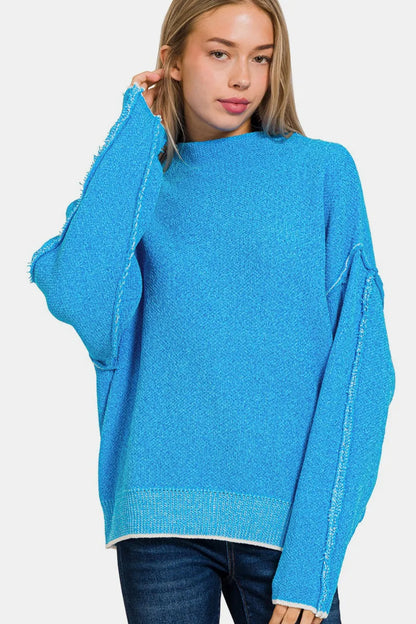 Zenana Exposed Seam Mock Neck Long Sleeve Sweater Deep Sky