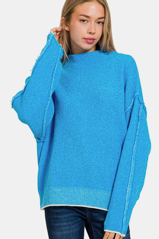 Zenana Exposed Seam Mock Neck Long Sleeve Sweater Deep Sky