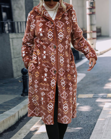 Geometric Button Down Hooded Fleece Coat Chocolate