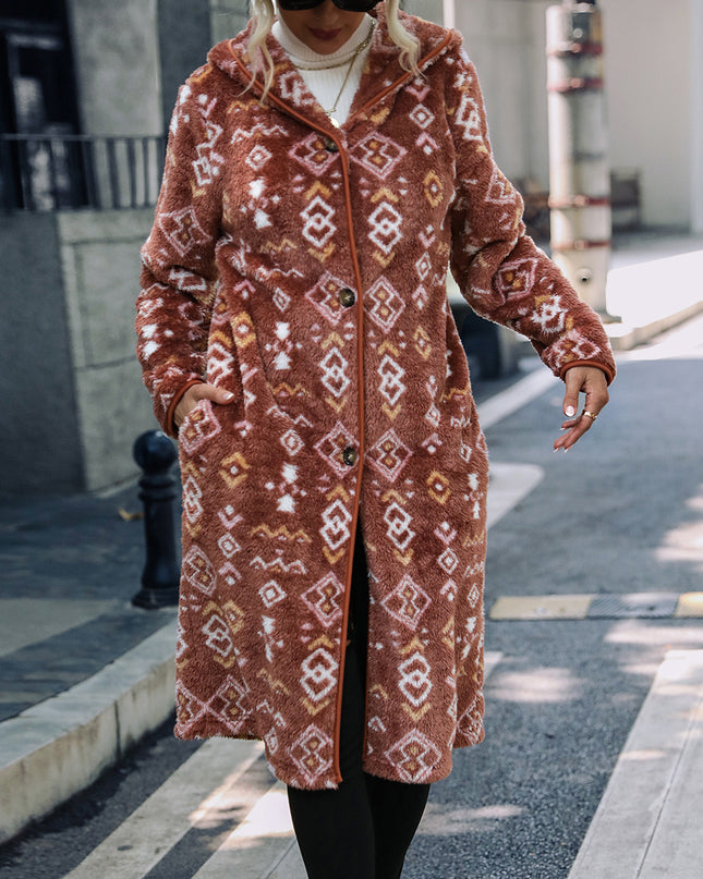 Geometric Button Down Hooded Fleece Coat Chocolate