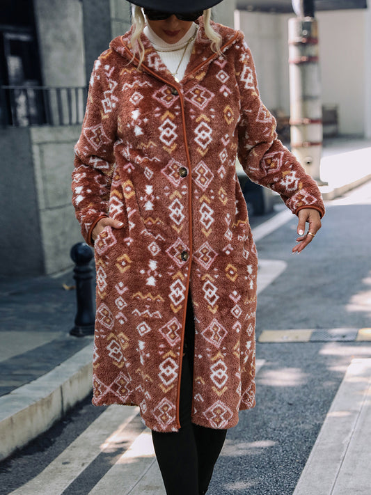Geometric Button Down Hooded Fleece Coat Chocolate