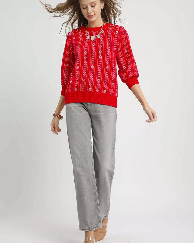 Umgee Jacquard Knit Puff Sleeve Sweater