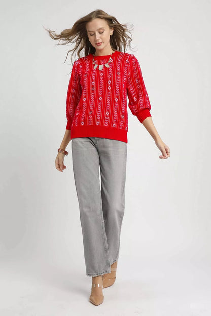 Umgee Jacquard Knit Puff Sleeve Sweater
