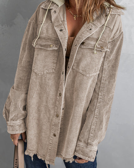Snap Front Hooded Corduroy Shacket Khaki