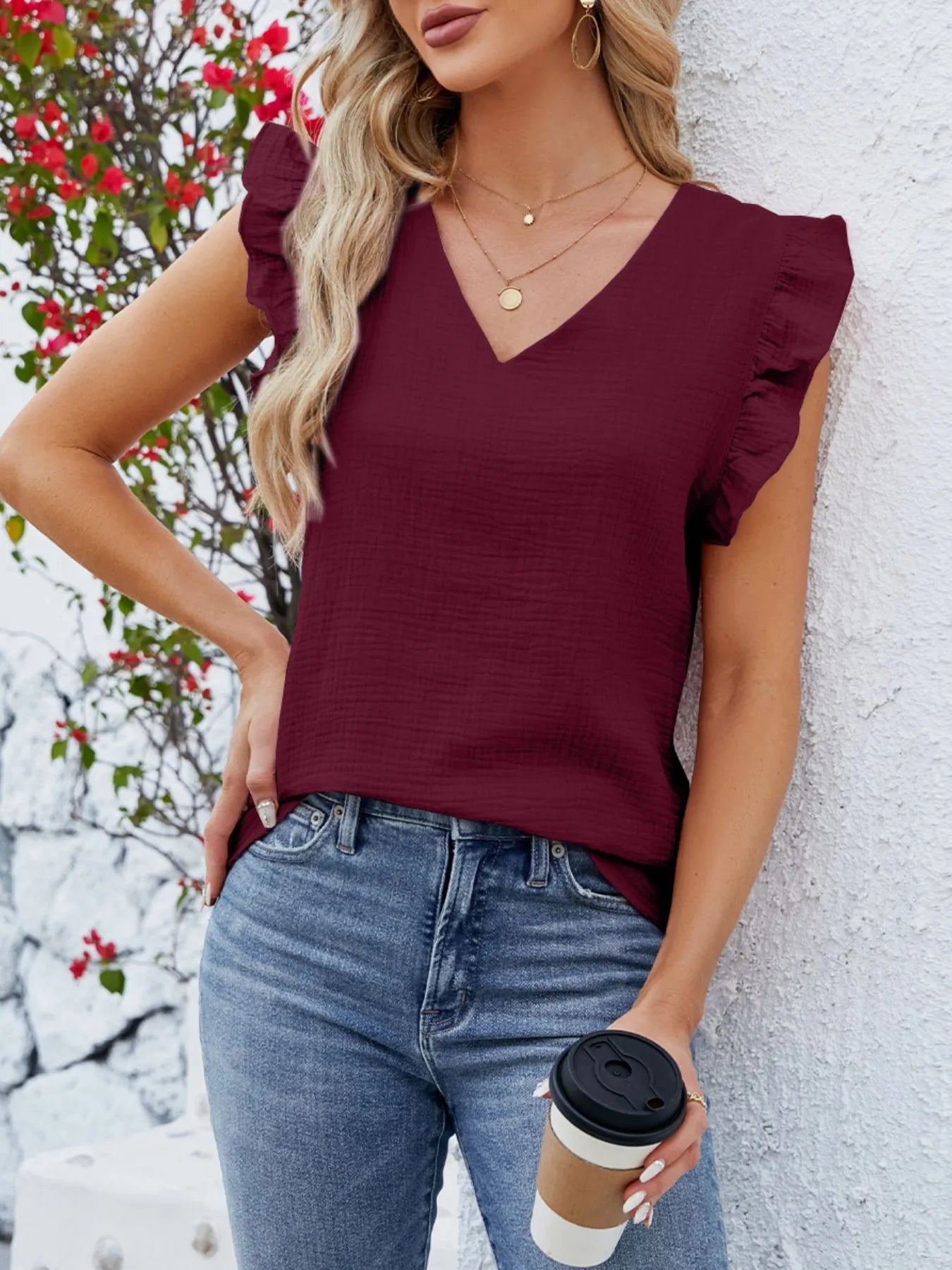 V-Neck Ruffled Sleeve Top