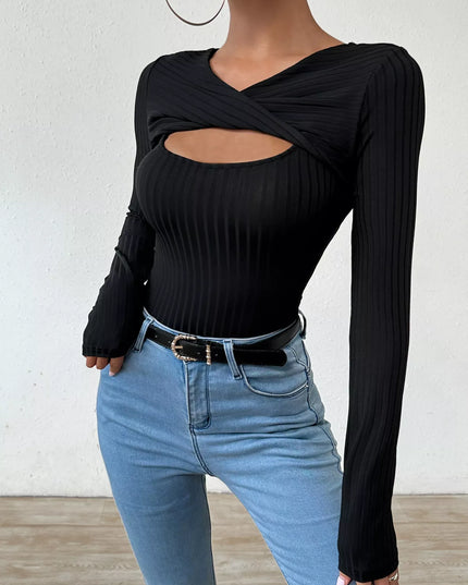 Twist Front Cutout Ribbed Long Sleeve T-Shirt Black