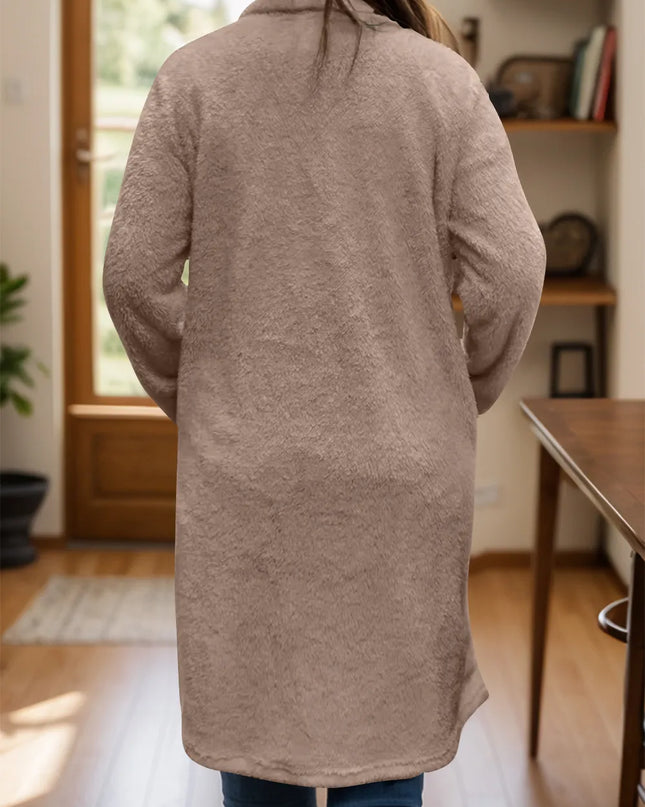 Full Size One Button Long Sleeve Longline Plush Coat