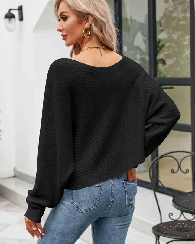 Boat Neck Horizontal Ribbing Dolman Sleeve Sweater