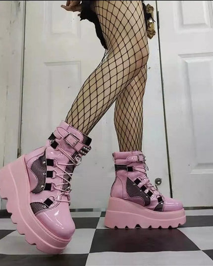 Lace Up Round Toe Wedge Boots