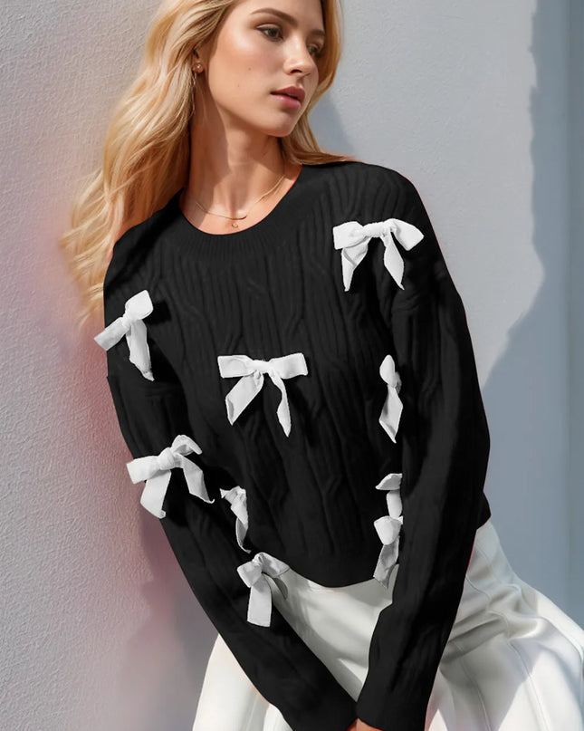 Double Take Full Size Bow Cable-Knit Round Neck Sweater Black