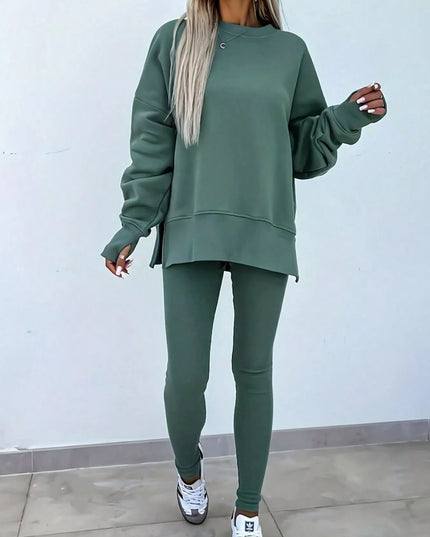 Solid Color Oversize Slit Sweatshirt and Ribbed Leggings 2pcs Set Moss