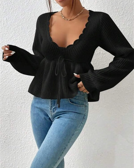 Scalloped V-Neck Drawstring Knit Top