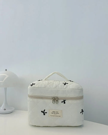 Bow Embroidered Quilted Storage Bag with Zip