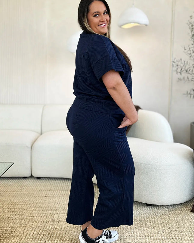 Double Take Full Size Texture Short Sleeve Top and Pants Set