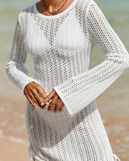 Hollow Out Bell Sleeve Drawstring Knit Cover Up Dress