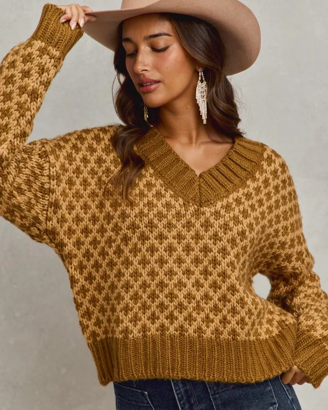 SO ME Color Block Textured Christmas Sweater V Neck Top