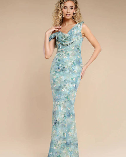Goddiva One Shoulder Cowl Neck Chiffon Floral Maxi DR4555 Blue