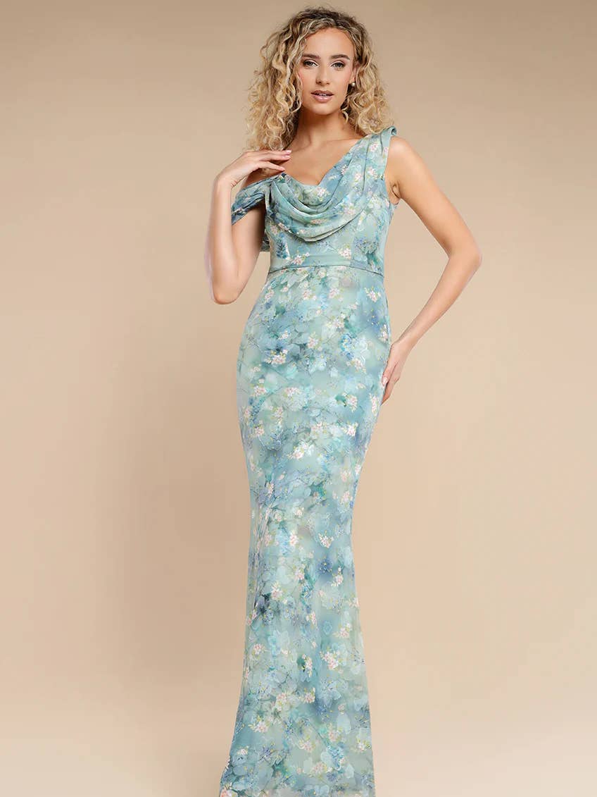 Goddiva One Shoulder Cowl Neck Chiffon Floral Maxi DR4555 Blue