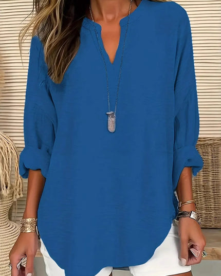 Notched Long Sleeve Casual Blouse Blue