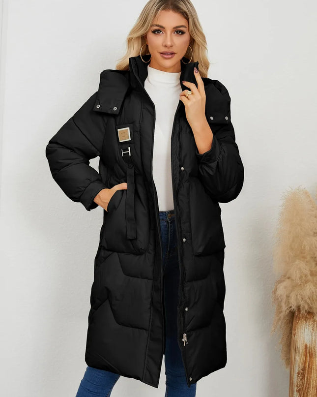 Long Sleeve Longline Hooded Winter Coat Black