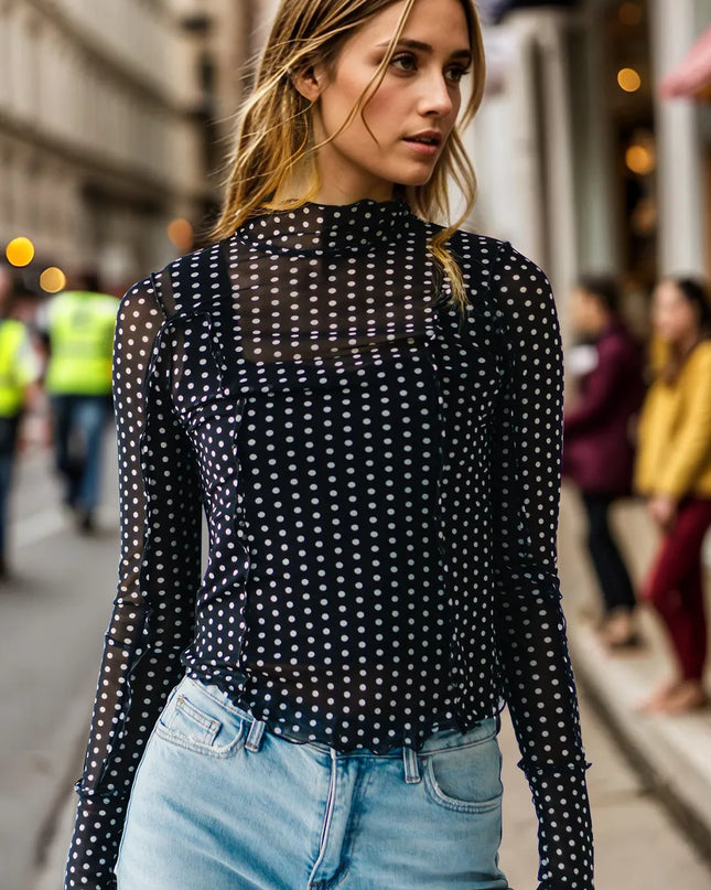 Oh Full Size Frill Printed Mock Neck Long Sleeve Top Dot