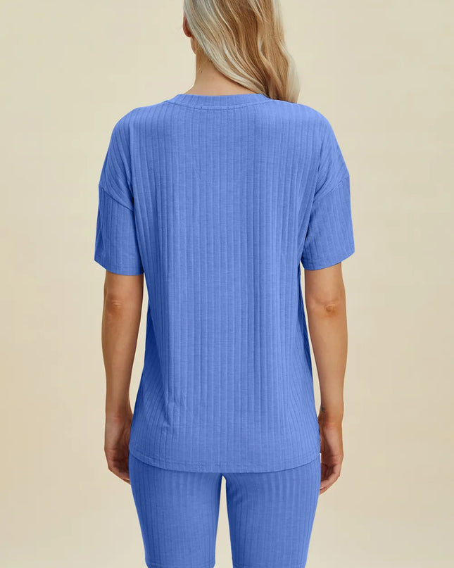 Basic Bae Full Size Ribbed V-Neck Short Sleeve Top and Shorts Set
