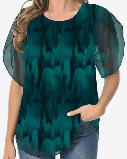 Printed Round Neck Curved Hem Blouse