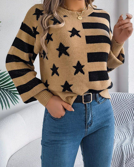 Stars and Stripes Pattern Casual Round Neck Sweater Khaki