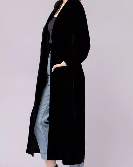 Velvet Lapel Collar Longline Coat