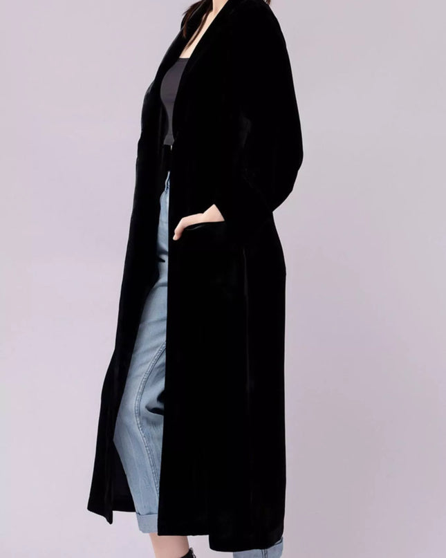 Velvet Lapel Collar Longline Coat