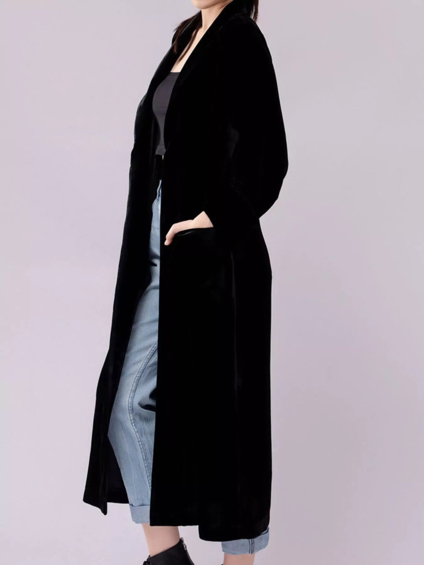 Velvet Lapel Collar Longline Coat