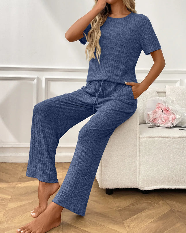 Ribbed Knit Short Sleeve Top and Pants Lounge Set