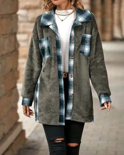 Plaid Contrast Dropped Shoulder Coat Dark Gray