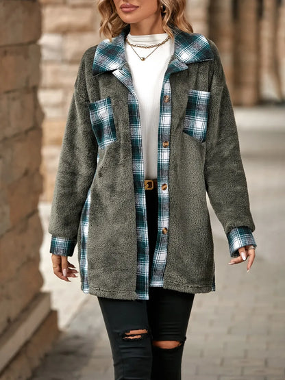 Plaid Contrast Dropped Shoulder Coat Dark Gray