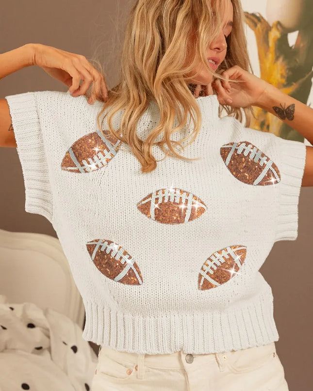 BiBi Gameday Sequin Football Patches Rib Banded Sweater