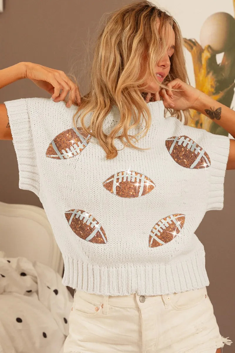 BiBi Gameday Sequin Football Patches Rib Banded Sweater
