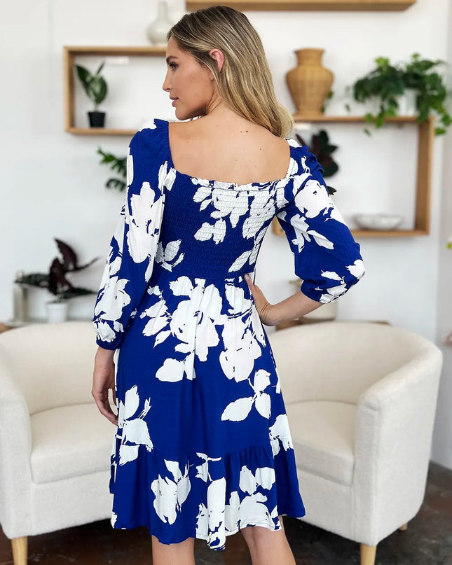 Double Take Full Size Floral Ruffle Hem Smocked Dress with Pockets