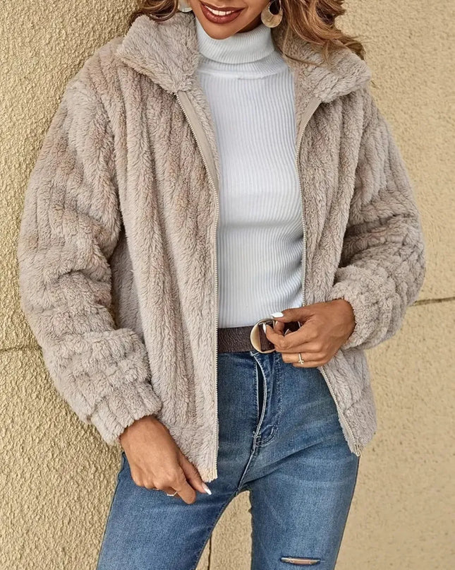 Plush Zip Up Long Sleeve Jacket Tan