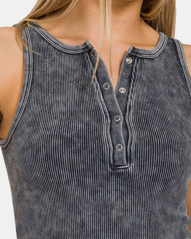 Zenana Washed Ribbed Half Snap Seamless Tank