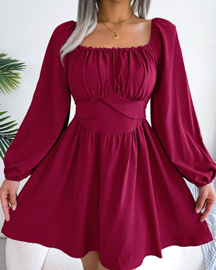 Tied Square Neck Balloon Sleeve Dress Wine